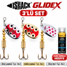Fishack Glidex 3'lü Döner Kaşık Seti + Klima Bombası Hediye - Silver Ladybug 5 gr No:2 + Golden Ladybug 7 gr No:3 + Silver Red 5 gr No:2