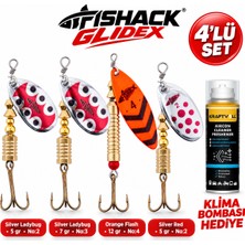Fishack Glidex 4'lü Döner Kaşık Seti + Klima Bombası Hediye - Silver Ladybug 5 gr No:2 + Silver Ladybug 7 gr No:3 + Orange Flash 12 gr No:4 + Silver Red 5 gr No:2