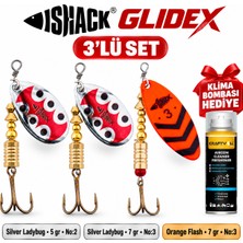 Fishack Glidex 3'lü Döner Kaşık Seti + Klima Bombası Hediye - Silver Ladybug 5 gr No:2 + Silver Ladybug 7 gr No:3 + Orange Flash 7 gr No:3