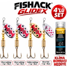 Fishack Glidex 4'lü Döner Kaşık Seti + Klima Bombası Hediye - Silver Ladybug 5 gr No:2 + Silver Ladybug 7 gr No:3 + Golden Ladybug 7 gr No:3 + Silver Red 5 gr No:2
