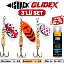 Fishack Glidex 3'lü Döner Kaşık Seti + Klima Bombası Hediye - Silver Ladybug 5 gr No:2 + Orange Flash 7 gr No:3 + Silver Red 5 gr No:2
