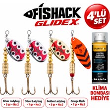 Fishack Glidex 4'lü Döner Kaşık Seti + Klima Bombası Hediye - Silver Ladybug 5 gr No:2 + Silver Ladybug 7 gr No:3 + Golden Ladybug 5 gr No:2 + Orange Flash 7 gr No:3