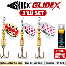 Fishack Glidex 3'lü Döner Kaşık Seti + Klima Bombası Hediye - Golden Ladybug 5 gr No:2 + Silver Red 5 gr No:2 + Silver Red 7 gr No:3