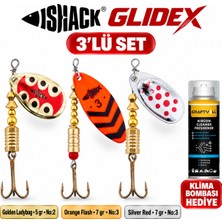 Fishack Glidex 3'lü Döner Kaşık Seti + Klima Bombası Hediye - Golden Ladybug 5 gr No:2 + Orange Flash 7 gr No:3 + Silver Red 7 gr No:3