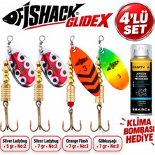 Fishack Glidex 4'lü Döner Kaşık Seti + Klima Bombası Hediye - Silver Ladybug 5 gr No:2 + Silver Ladybug 7 gr No:3 + Orange Flash 7 gr No:3 + Gökkuşağı 7 gr No:3