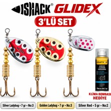 Fishack Glidex 3'lü Döner Kaşık Seti + Klima Bombası Hediye - Silver Ladybug 7 gr No:3 + Golden Ladybug 7 gr No:3 + Silver Red 5 gr No:2
