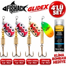 Fishack Glidex 4'lü Döner Kaşık Seti + Klima Bombası Hediye - Silver Ladybug 5 gr No:2 + Silver Ladybug 7 gr No:3 + Golden Ladybug 5 gr No:2 + Gökkuşağı 7 gr No:3