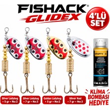Fishack Glidex 4'lü Döner Kaşık Seti + Klima Bombası Hediye - Silver Ladybug 5 gr No:2 + Silver Ladybug 7 gr No:3 + Golden Ladybug 5 gr No:2 + Silver Red 7 gr No:3
