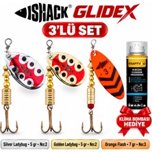 Fishack Glidex 3'lü Döner Kaşık Seti + Klima Bombası Hediye - Silver Ladybug 5 gr No:2 + Golden Ladybug 5 gr No:2 + Orange Flash 7 gr No:3
