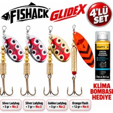Fishack Glidex 4'lü Döner Kaşık Seti + Klima Bombası Hediye - Silver Ladybug 5 gr No:2 + Silver Ladybug 7 gr No:3 + Golden Ladybug 5 gr No:2 + Orange Flash 12 gr No:4