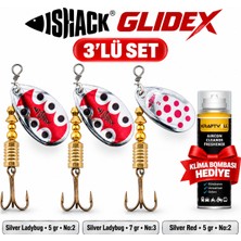 Fishack Glidex 3'lü Döner Kaşık Seti + Klima Bombası Hediye - Silver Ladybug 5 gr No:2 + Silver Ladybug 7 gr No:3 + Silver Red 5 gr No:2