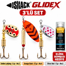 Fishack Glidex 3'lü Döner Kaşık Seti + Klima Bombası Hediye - Golden Ladybug 5 gr No:2 + Orange Flash 12 gr No:4 + Silver Red 5 gr No:2