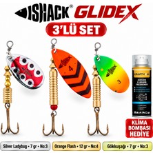 Fishack Glidex 3'lü Döner Kaşık Seti + Klima Bombası Hediye - Silver Ladybug 7 gr No:3 + Orange Flash 12 gr No:4 + Gökkuşağı 7 gr No:3