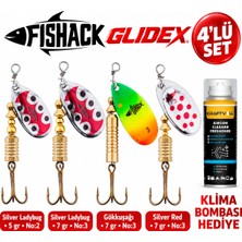 Fishack Glidex 4'lü Döner Kaşık Seti + Klima Bombası Hediye - Silver Ladybug 5 gr No:2 + Silver Ladybug 7 gr No:3 + Gökkuşağı 7 gr No:3 + Silver Red 7 gr No:3