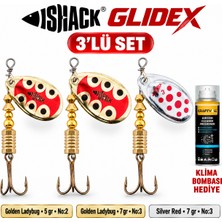 Fishack Glidex 3'lü Döner Kaşık Seti + Klima Bombası Hediye - Golden Ladybug 5 gr No:2 + Golden Ladybug 7 gr No:3 + Silver Red 7 gr No:3