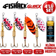 Fishack Glidex 4'lü Döner Kaşık Seti + Klima Bombası Hediye - Silver Ladybug 5 gr No:2 + Silver Ladybug 7 gr No:3 + Orange Flash 7 gr No:3 + Silver Red 5 gr No:2