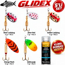 Fishack Glidex 5'li Döner Kaşık Seti + Klima Bombası Hediye - Silver Ladybug 5 gr No:2 + Golden Ladybug 5 gr No:2 + Orange Flash 12 gr No:4 + Gökkuşağı 7 gr No:3 + Silver Red 7 gr