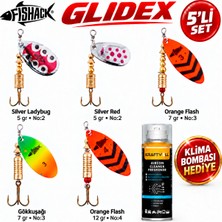 Fishack Glidex 5'li Döner Kaşık Seti + Klima Bombası Hediye - Silver Ladybug 5 gr No:2 + Orange Flash 7 gr No:3 + Orange Flash 12 gr No:4 + Gökkuşağı 7 gr No:3 + Silver Red 5 gr No