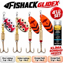 Fishack Glidex 4'lü Döner Kaşık Seti + Klima Bombası Hediye - Silver Ladybug 5 gr No:2 + Golden Ladybug 7 gr No:3 + Orange Flash 7 gr No:3 + Orange Flash 12 gr No:4