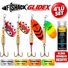 Fishack Glidex 4'lü Döner Kaşık Seti + Klima Bombası Hediye - Silver Ladybug 7 gr No:3 + Golden Ladybug 5 gr No:2 + Orange Flash 7 gr No:3 + Gökkuşağı 7 gr No:3
