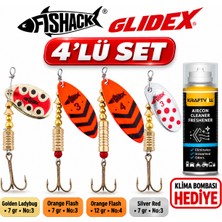 Fishack Glidex 4'lü Döner Kaşık Seti + Klima Bombası Hediye - Golden Ladybug 7 gr No:3 + Orange Flash 7 gr No:3 + Orange Flash 12 gr No:4 + Silver Red 7 gr No:3
