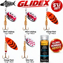 Fishack Glidex 5'li Döner Kaşık Seti + Klima Bombası Hediye - Silver Ladybug 5 gr No:2 + Silver Ladybug 7 gr No:3 + Orange Flash 7 gr No:3 + Orange Flash 12 gr No:4 + Silver Red 5