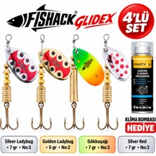 Fishack Glidex 4'lü Döner Kaşık Seti + Klima Bombası Hediye - Silver Ladybug 7 gr No:3 + Golden Ladybug 5 gr No:2 + Gökkuşağı 7 gr No:3 + Silver Red 7 gr No:3