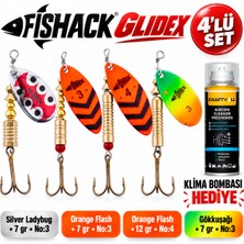 Fishack Glidex 4'lü Döner Kaşık Seti + Klima Bombası Hediye - Silver Ladybug 7 gr No:3 + Orange Flash 7 gr No:3 + Orange Flash 12 gr No:4 + Gökkuşağı 7 gr No:3