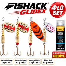Fishack Glidex 4'lü Döner Kaşık Seti + Klima Bombası Hediye - Golden Ladybug 5 gr No:2 + Golden Ladybug 7 gr No:3 + Orange Flash 7 gr No:3 + Silver Red 5 gr No:2