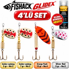 Fishack Glidex 4'lü Döner Kaşık Seti + Klima Bombası Hediye - Golden Ladybug 5 gr No:2 + Golden Ladybug 7 gr No:3 + Orange Flash 12 gr No:4 + Silver Red 5 gr No:2