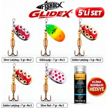 Fishack Glidex 5'li Döner Kaşık Seti + Klima Bombası Hediye - Silver Ladybug 5 gr No:2 + Golden Ladybug 5 gr No:2 + Golden Ladybug 7 gr No:3 + Gökkuşağı 7 gr No:3 + Silver Red 7 gr