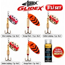 Fishack Glidex 5'li Döner Kaşık Seti + Klima Bombası Hediye - Silver Ladybug 5 gr No:2 + Golden Ladybug 5 gr No:2 + Golden Ladybug 7 gr No:3 + Orange Flash 7 gr No:3 + Orange Flash