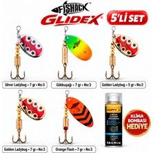 Fishack Glidex 5'li Döner Kaşık Seti + Klima Bombası Hediye - Silver Ladybug 7 gr No:3 + Golden Ladybug 5 gr No:2 + Golden Ladybug 7 gr No:3 + Orange Flash 7 gr No:3 + Gökkuşağı 7