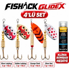 Fishack Glidex 4'lü Döner Kaşık Seti + Klima Bombası Hediye - Silver Ladybug 5 gr No:2 + Golden Ladybug 7 gr No:3 + Orange Flash 12 gr No:4 + Silver Red 7 gr No:3