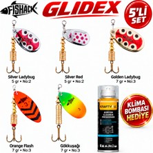 Fishack Glidex 5'li Döner Kaşık Seti + Klima Bombası Hediye - Silver Ladybug 5 gr No:2 + Golden Ladybug 7 gr No:3 + Orange Flash 7 gr No:3 + Gökkuşağı 7 gr No:3 + Silver Red 5 gr N