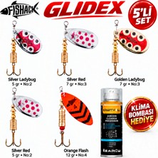 Fishack Glidex 5'li Döner Kaşık Seti + Klima Bombası Hediye - Silver Ladybug 5 gr No:2 + Golden Ladybug 7 gr No:3 + Orange Flash 12 gr No:4 + Silver Red 5 gr No:2 + Silver Red 7 gr