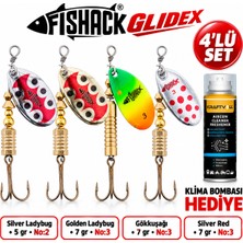 Fishack Glidex 4'lü Döner Kaşık Seti + Klima Bombası Hediye - Silver Ladybug 5 gr No:2 + Golden Ladybug 7 gr No:3 + Gökkuşağı 7 gr No:3 + Silver Red 7 gr No:3