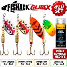 Fishack Glidex 4'lü Döner Kaşık Seti + Klima Bombası Hediye - Silver Ladybug 7 gr No:3 + Golden Ladybug 7 gr No:3 + Orange Flash 12 gr No:4 + Gökkuşağı 7 gr No:3