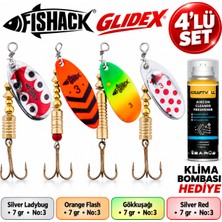 Fishack Glidex 4'lü Döner Kaşık Seti + Klima Bombası Hediye - Silver Ladybug 7 gr No:3 + Orange Flash 7 gr No:3 + Gökkuşağı 7 gr No:3 + Silver Red 7 gr No:3