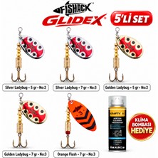 Fishack Glidex 5'li Döner Kaşık Seti + Klima Bombası Hediye - Silver Ladybug 5 gr No:2 + Silver Ladybug 7 gr No:3 + Golden Ladybug 5 gr No:2 + Golden Ladybug 7 gr No:3 + Orange Fla