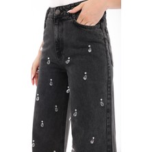 İnci Türkay Kadın Tasarım Denim Pantolon Taş Işeleme Detaylı Gri Palazzo Kesim Kot Pantolon