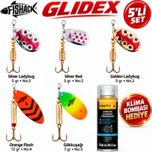 Fishack Glidex 5'li Döner Kaşık Seti + Klima Bombası Hediye - Silver Ladybug 5 gr No:2 + Golden Ladybug 5 gr No:2 + Orange Flash 12 gr No:4 + Gökkuşağı 7 gr No:3 + Silver Red 5 gr