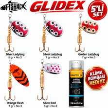 Fishack Glidex 5'li Döner Kaşık Seti + Klima Bombası Hediye - Silver Ladybug 5 gr No:2 + Silver Ladybug 7 gr No:3 + Golden Ladybug 7 gr No:3 + Orange Flash 7 gr No:3 + Silver Red 5