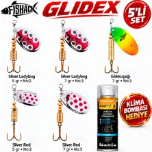 Fishack Glidex 5'li Döner Kaşık Seti + Klima Bombası Hediye - Silver Ladybug 5 gr No:2 + Silver Ladybug 7 gr No:3 + Gökkuşağı 7 gr No:3 + Silver Red 5 gr No:2 + Silver Red 7 gr No: