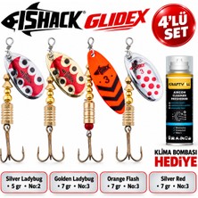Fishack Glidex 4'lü Döner Kaşık Seti + Klima Bombası Hediye - Silver Ladybug 5 gr No:2 + Golden Ladybug 7 gr No:3 + Orange Flash 7 gr No:3 + Silver Red 7 gr No:3