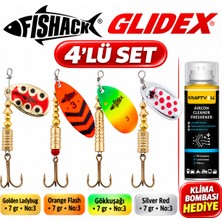 Fishack Glidex 4'lü Döner Kaşık Seti + Klima Bombası Hediye - Golden Ladybug 7 gr No:3 + Orange Flash 7 gr No:3 + Gökkuşağı 7 gr No:3 + Silver Red 7 gr No:3