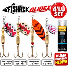 Fishack Glidex 4'lü Döner Kaşık Seti + Klima Bombası Hediye - Silver Ladybug 7 gr No:3 + Golden Ladybug 7 gr No:3 + Orange Flash 12 gr No:4 + Silver Red 5 gr No:2