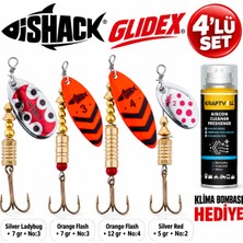 Fishack Glidex 4'lü Döner Kaşık Seti + Klima Bombası Hediye - Silver Ladybug 7 gr No:3 + Orange Flash 7 gr No:3 + Orange Flash 12 gr No:4 + Silver Red 5 gr No:2