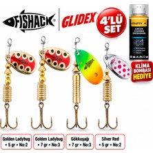 Fishack Glidex 4'lü Döner Kaşık Seti + Klima Bombası Hediye - Golden Ladybug 5 gr No:2 + Golden Ladybug 7 gr No:3 + Gökkuşağı 7 gr No:3 + Silver Red 5 gr No:2