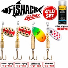 Fishack Glidex 4'lü Döner Kaşık Seti + Klima Bombası Hediye - Golden Ladybug 5 gr No:2 + Golden Ladybug 7 gr No:3 + Gökkuşağı 7 gr No:3 + Silver Red 7 gr No:3